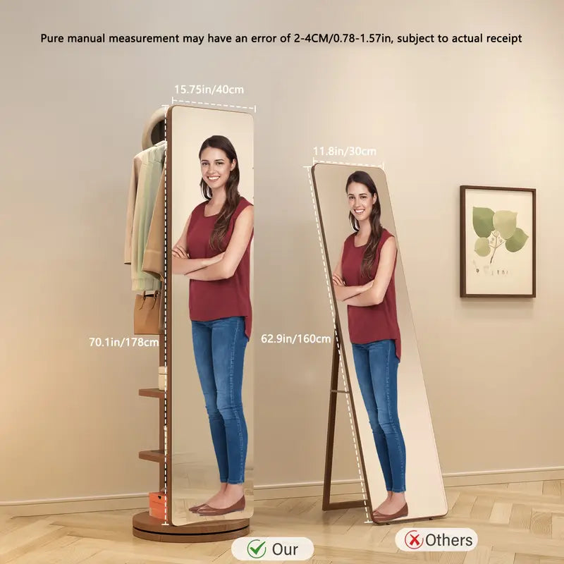 VE✨ Solid Wood Floor Mirror – Rotating with Coat Rack! 🪞