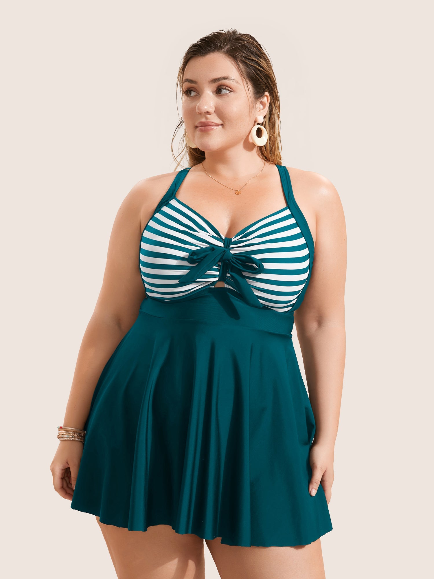 🌊 Stripes Patchwork Tie Knot Swim Dress – Chic & Flattering! 👗✨