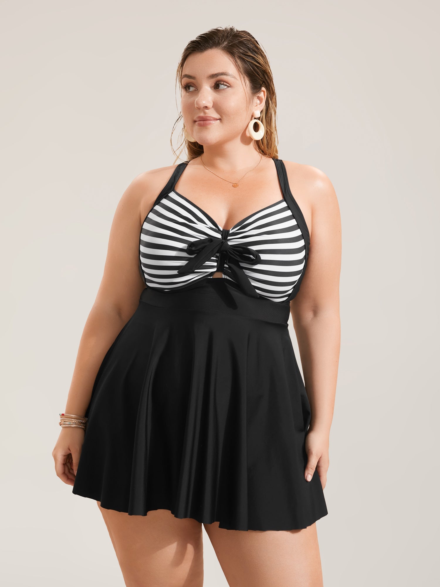 🌊 Stripes Patchwork Tie Knot Swim Dress – Chic & Flattering! 👗✨