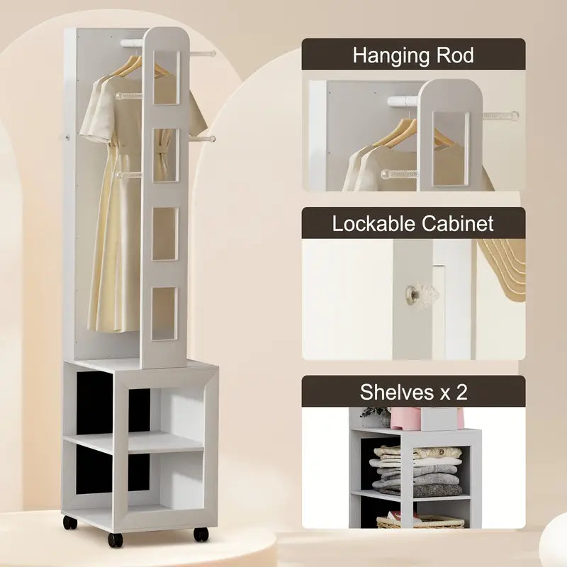 360° Rotating LED Jewelry Armoire with Full-Length Mirror – Large Capacity, Dimmable Lighting, Rear Storage & Rollers