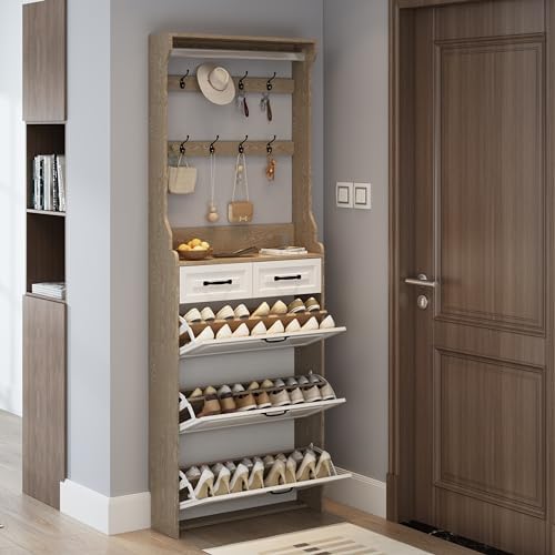 FM✨ Olela Slim Shoe Cabinet – Stylish Entryway Organizer with Hooks & Shelves! 👞🚪