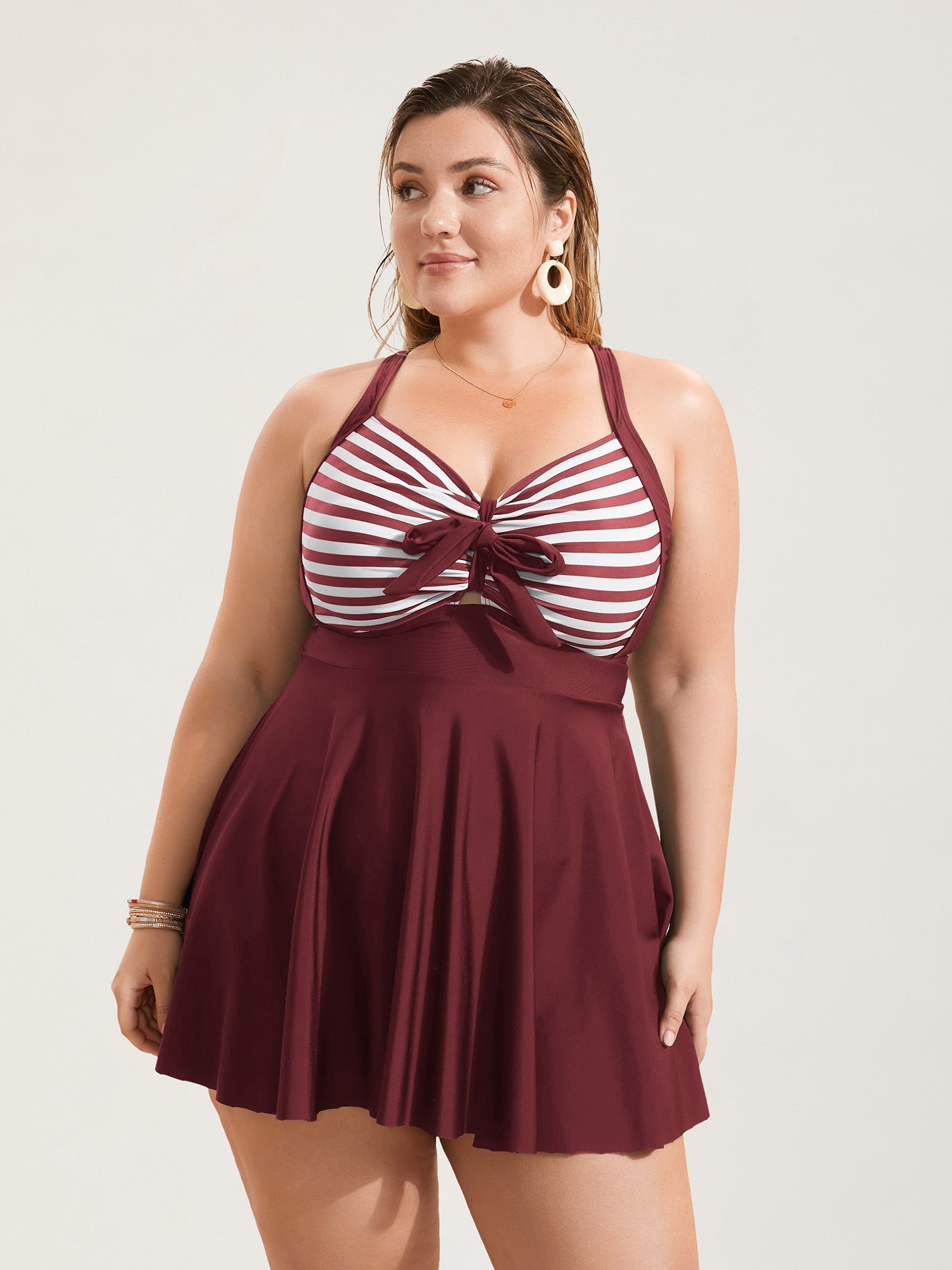 🌊 Stripes Patchwork Tie Knot Swim Dress – Chic & Flattering! 👗✨