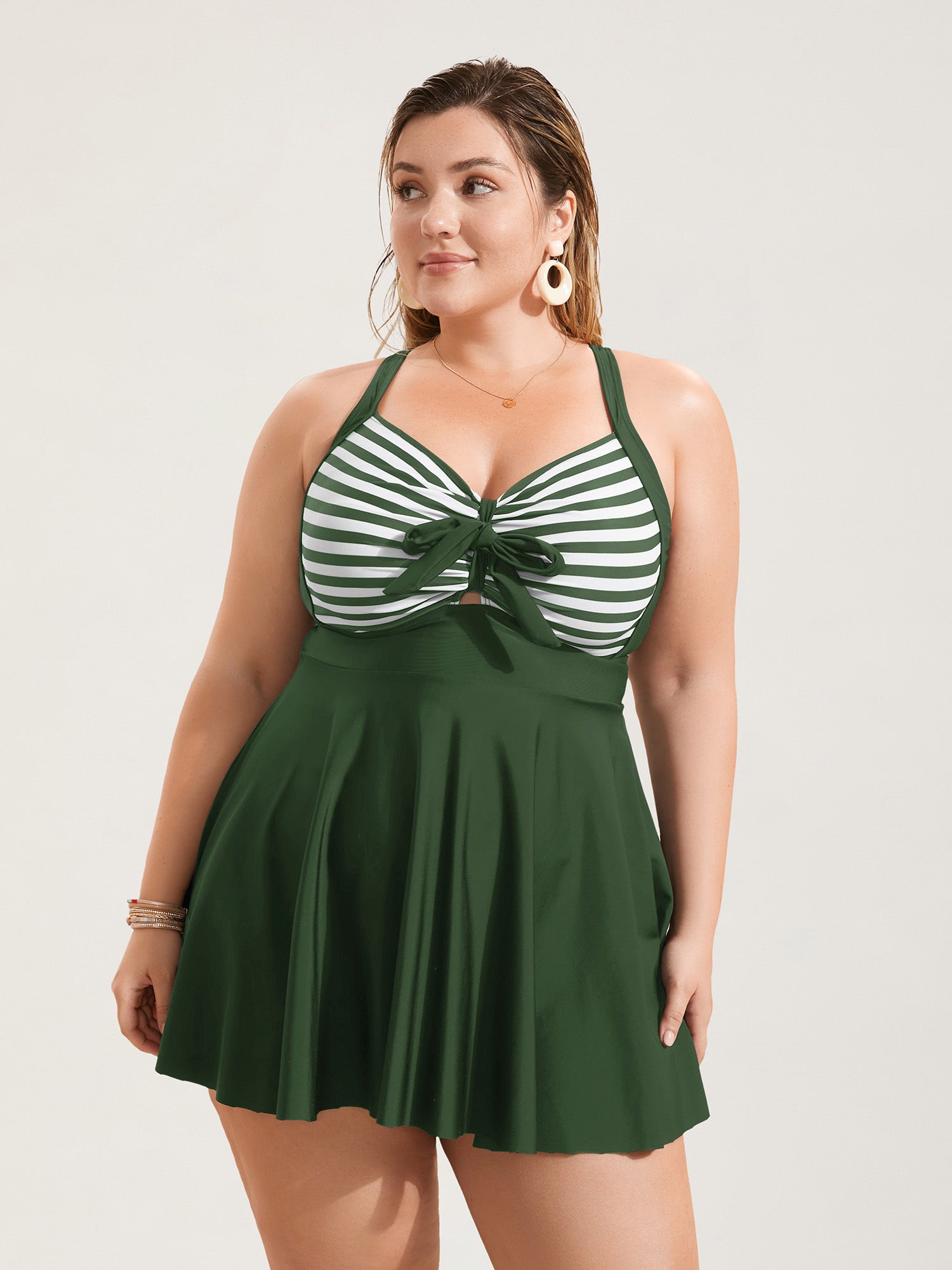 🌊 Stripes Patchwork Tie Knot Swim Dress – Chic & Flattering! 👗✨