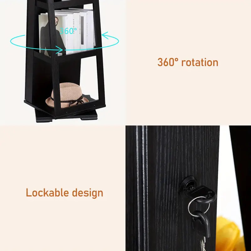 A 360° Rotating Jewelry Cabinet with Mirror and Wheels.