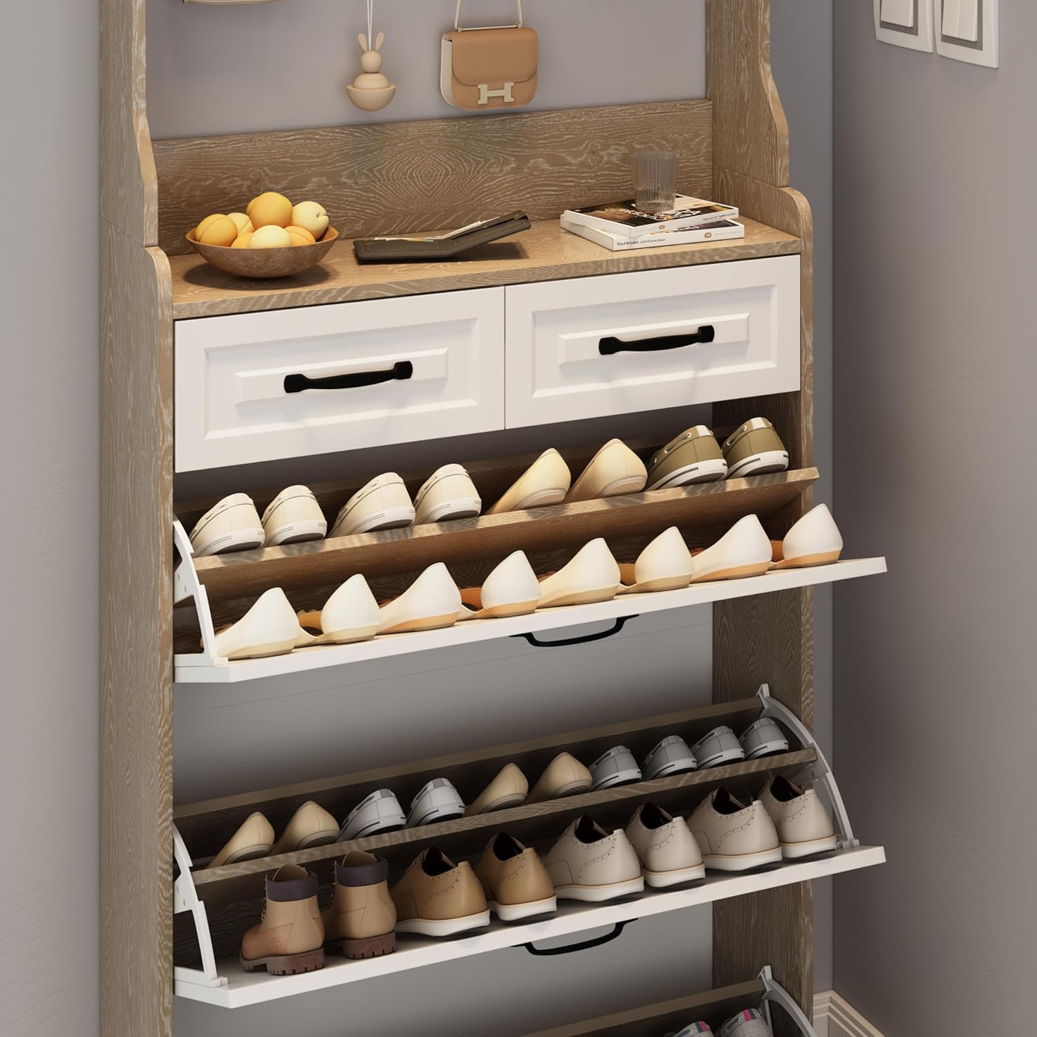 ✨ Olela Slim Shoe Cabinet – Stylish Entryway Organizer with Hooks & Shelves! 👞🚪