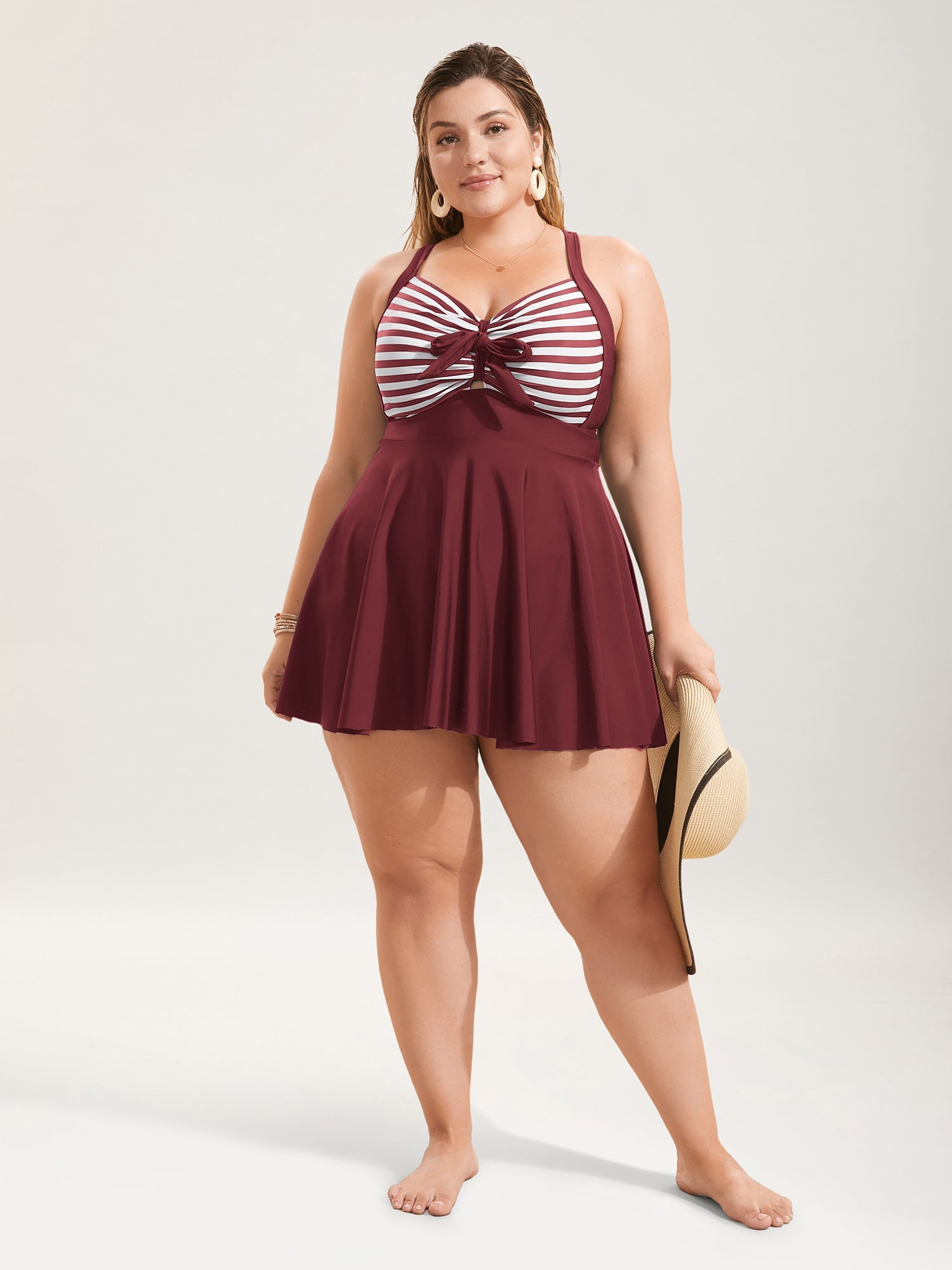 🌊 Stripes Patchwork Tie Knot Swim Dress – Chic & Flattering! 👗✨