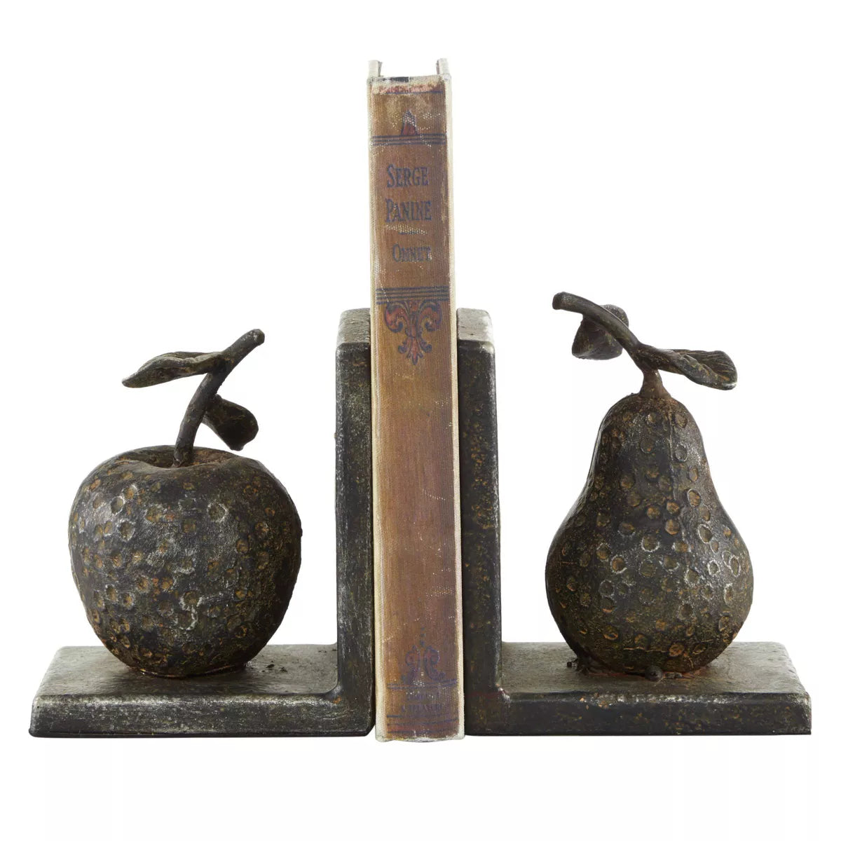 Set of 2 Metal Bookends in Pear and Apple Shape 5" x 4.5" Gray