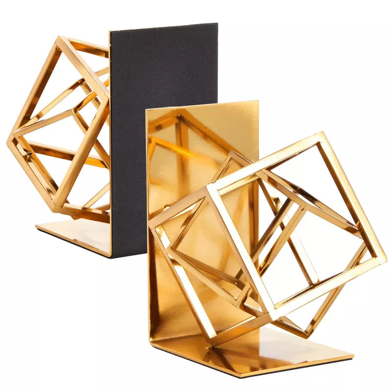 Juvale Decorative Gold Bookends with Square Geometric Metal Design