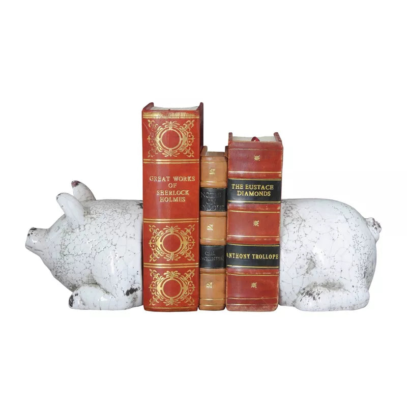 Storied Home TerraCotta Pig Bookends Antique White (5-1/4"): Farmhouse Style, Shelf Decor for All Ages