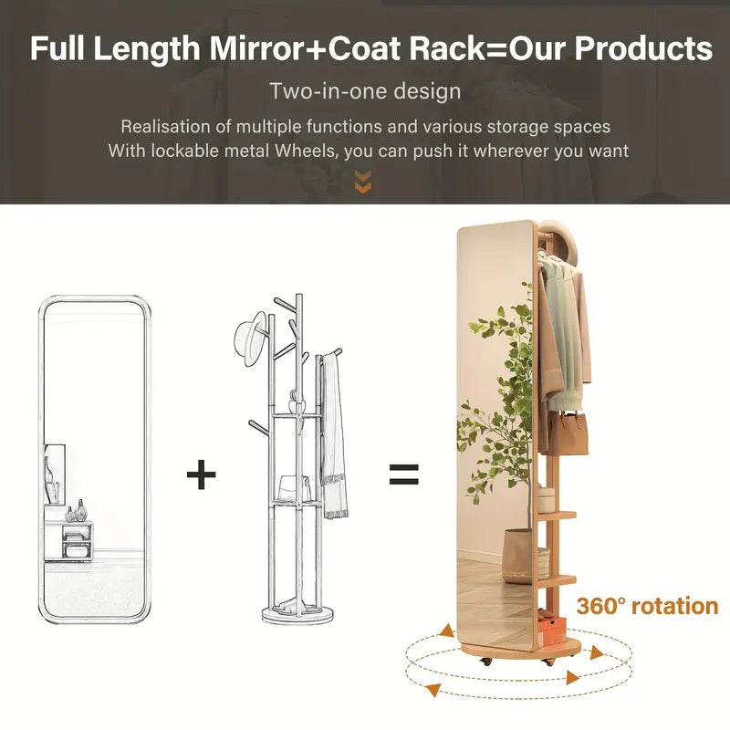 LW✨ Solid Wood Floor Mirror – Rotating with Coat Rack! 🪞