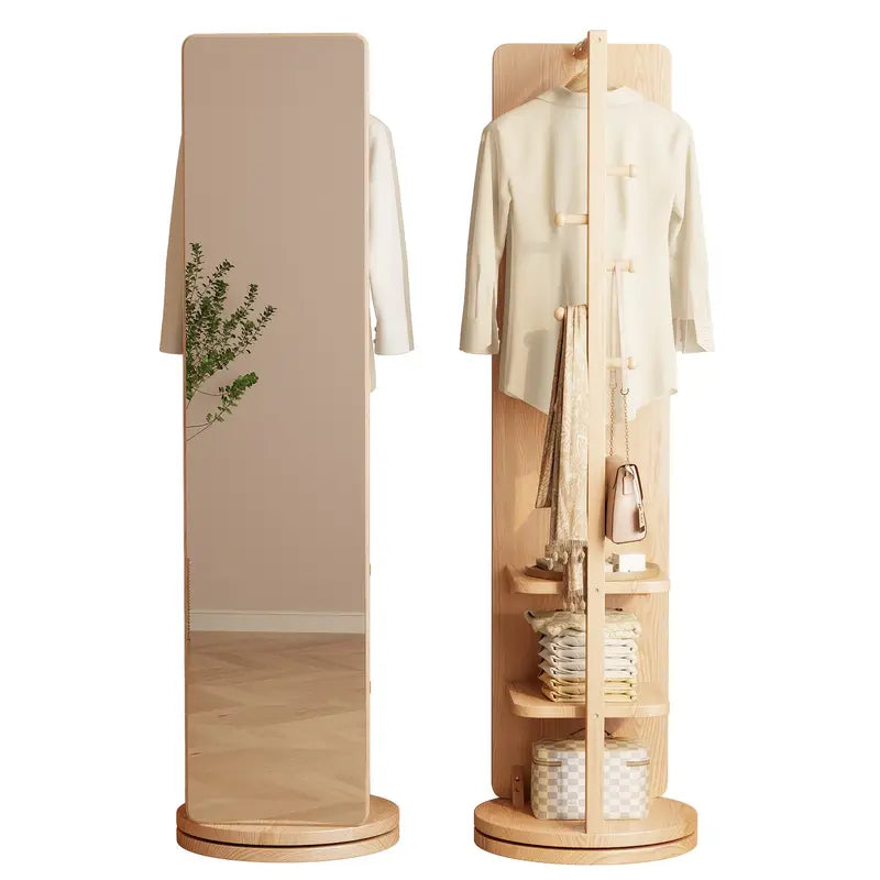 E✨ Solid Wood Floor Mirror – Rotating with Coat Rack! 🪞